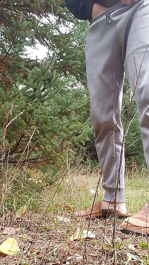 A stream amongst the trees, in gray sweatpants